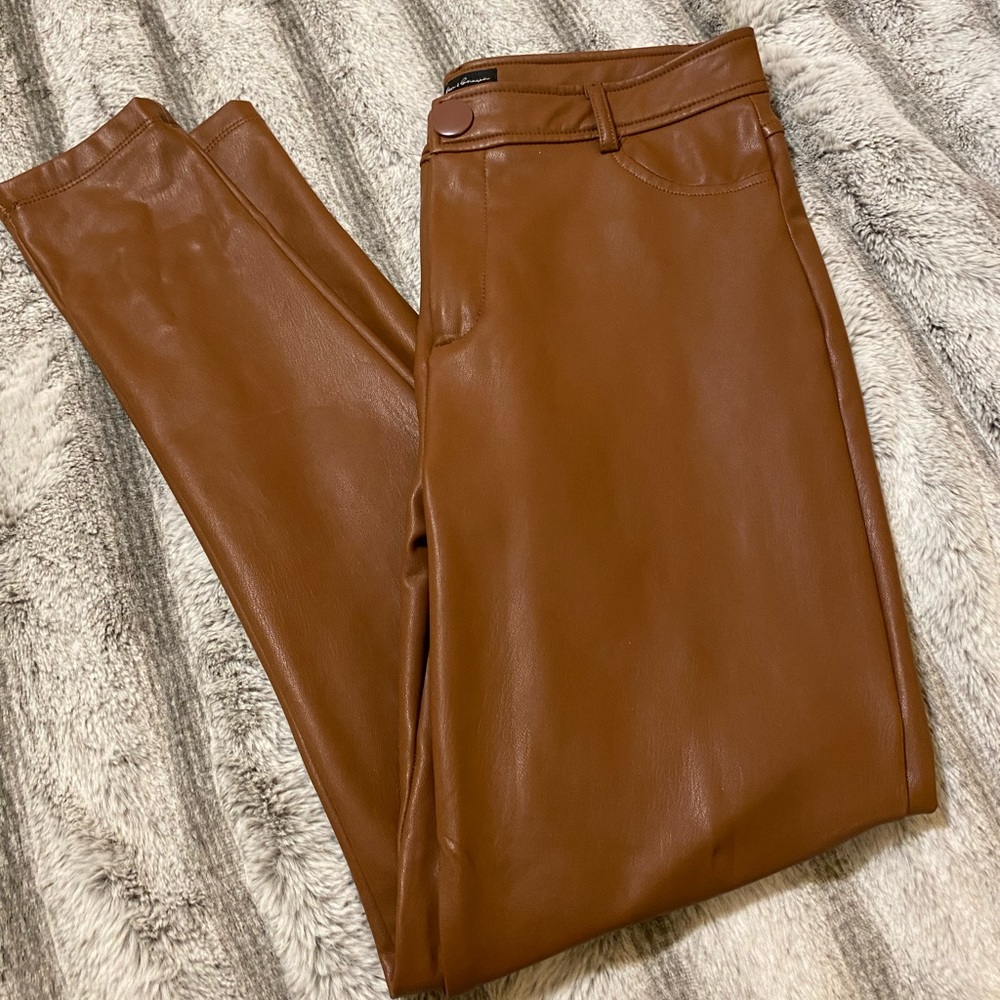 Vegan leather skinny pants! Brown, tan, straight legged pants.
